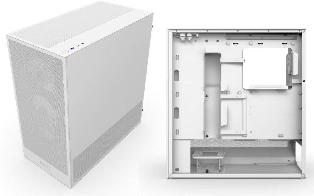Obudowa NZXT H5 Flow RGB Dwa ujęcia obudowy – jedno z zewnątrz w zamkniętej formie, drugie od wewnątrz z widocznymi miejscami montażowymi, systemem prowadzenia kabli i uchwytem na zasilacz, wentylatory, miejsce, pojemność
