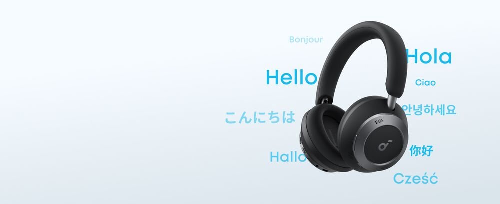 SOUNDCORE Space One Pro ANC tłumacz AI ponad 100 języków aplikacja Soundcore komunikacja, słuchawki po skosie na jasnym tle