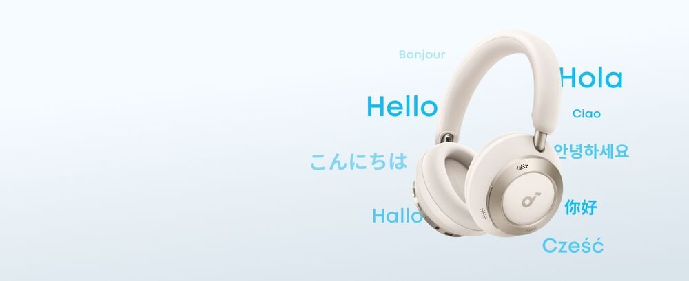 SOUNDCORE Space One Pro ANC tłumacz AI ponad 100 języków aplikacja Soundcore komunikacja, słuchawki po skosie na jasnym tle
