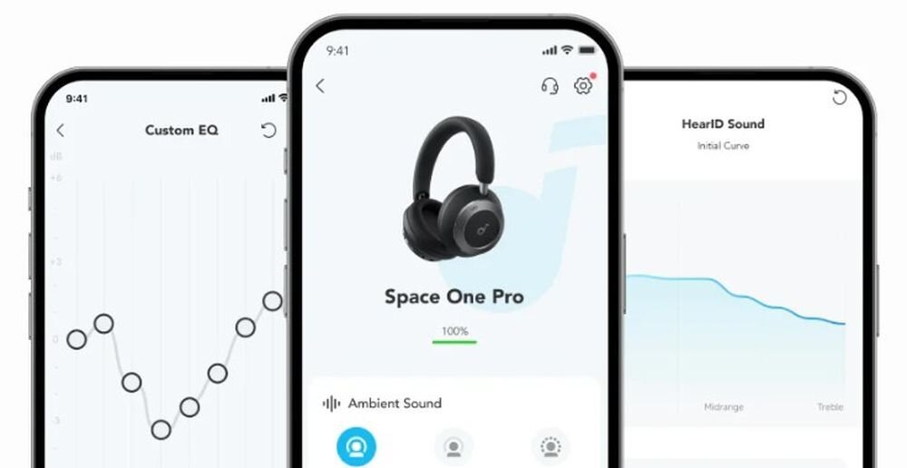 SOUNDCORE Space One Pro ANC aplikacja EQ ustawienia personalizacja dźwięku słuchawki, trzy smartfony z włączoną aplikacją