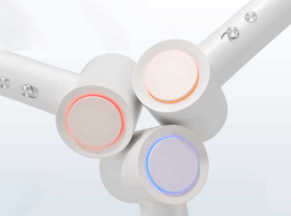 Suszarka BODYLAND BL08W01 jasne tło trzy suszarki podświetlenie niebieskie czerwone pomarańczowe o mocy 1500 W funkcja jonizacji gładkie lśniące włosy silnik o dużej wydajności Trzy poziomy temperatury dwie prędkości nawiewu dopasowanie ustawień Wbudowany wskaźnik LED skuteczność wygoda użytkowania