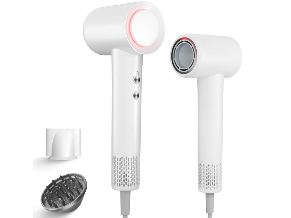 Suszarka BODYLAND BL08W01 białe tło biała suszarka przyciski końcówka dyfuzor wydajny silnik 110 000 obrotów na minutę szybkie suszenie Dynamiczny strumień powietrza o prędkości do 30 m/s optymalna temperatura Technologia jonizacji 200 milionów jonów ujemnych jedwabiście gładkie włosy pełne blasku dla wymagających użytkowników jakość ochrona włosów 