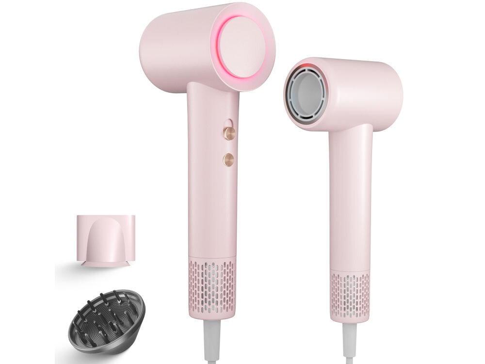Suszarka BODYLAND BL08P02 białe tło różowa suszarka przyciski końcówka dyfuzor wydajny silnik 110 000 obrotów na minutę szybkie suszenie Dynamiczny strumień powietrza o prędkości do 30 m/s optymalna temperatura Technologia jonizacji 200 milionów jonów ujemnych jedwabiście gładkie włosy pełne blasku dla wymagających użytkowników jakość ochrona włosów 