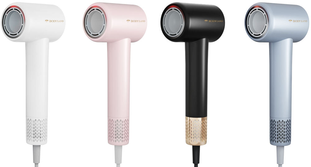 Suszarka BODYLAND BL08B03 Efektywne suszenie białe tło cztery suszarki biała różowa czarna i niebieska 