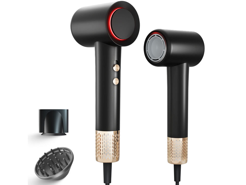 Suszarka BODYLAND BL08B03 białe tło czarna suszarka przyciski końcówka dyfuzor wydajny silnik 110 000 obrotów na minutę szybkie suszenie Dynamiczny strumień powietrza o prędkości do 30 m/s optymalna temperatura Technologia jonizacji 200 milionów jonów ujemnych jedwabiście gładkie włosy pełne blasku dla wymagających użytkowników jakość ochrona włosów 