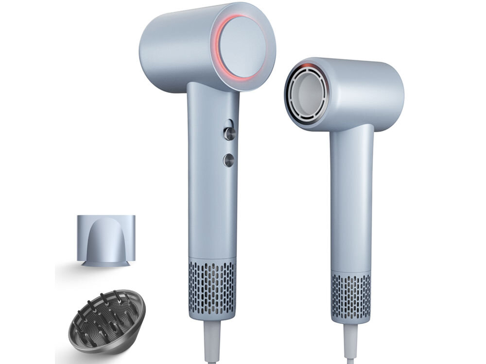 Suszarka BODYLAND BL08B04 białe tło czarna suszarka przyciski końcówka dyfuzor wydajny silnik 110 000 obrotów na minutę szybkie suszenie Dynamiczny strumień powietrza o prędkości do 30 m/s optymalna temperatura Technologia jonizacji 200 milionów jonów ujemnych jedwabiście gładkie włosy pełne blasku dla wymagających użytkowników jakość ochrona włosów 