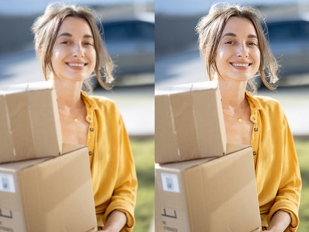 Wideo-wizjer EZVIZ DP2C Złoty, Podgląd na żywo, ekran 4,3 cala, podgląd w telefonie, komfort domowników, Dwa zdjęcia kobiety z przesyłkami, różnica w jakości lub obiektywie