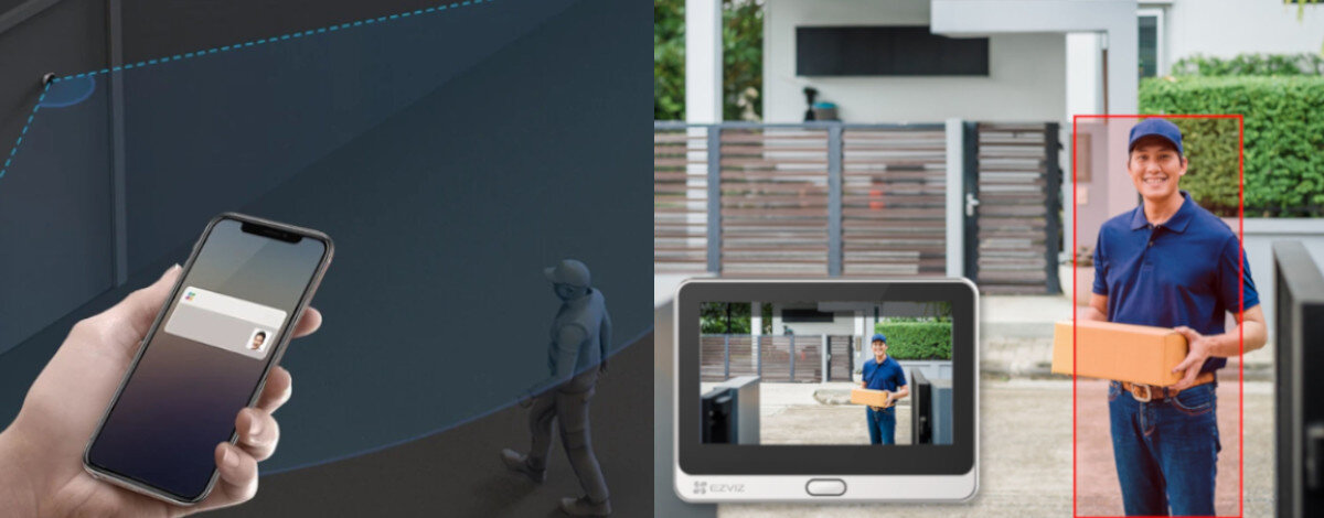 Wideo-wizjer EZVIZ DP2C Złoty, Detekcja ruchu PIR, natychmiastowe powiadomienia, regulacja czułości, wybór obszaru monitoringu, Aplikacja EZVIZ wysyła powiadomienie o wykrytym ruchu, pokazany zasięg czujnika