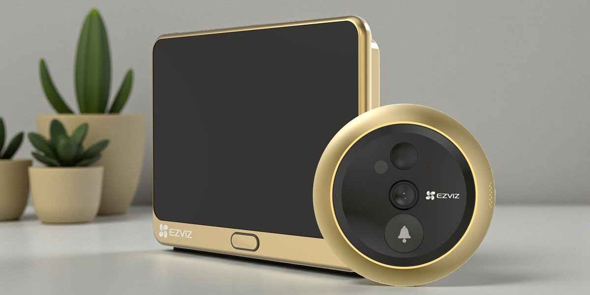 Wideo-wizjer EZVIZ DP2C Złoty, Montaż na różne drzwi, obudowa antywłamaniowa, solidne wykonanie, minimalistyczny design, Kamera EZVIZ DP2C i wyświetlacz pokazujący szeroki kąt widzenia 155 stopni