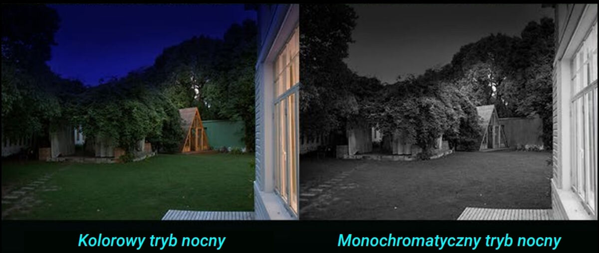 Kamera EZVIZ BC1C 4K Zewnętrzna, Wi-Fi, detale, wbudowany, reflektor, rejestrowanie, Porównanie kolorowego i monochromatycznego trybu nocnego w ogrodzie, dom z latarnią