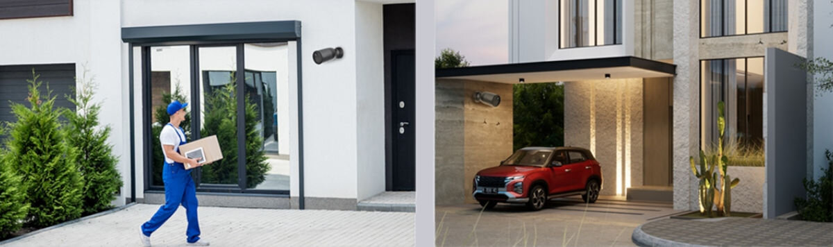 Kamera EZVIZ BC1C 4K Zewnętrzna, Wi-Fi, precyzyjnie, strefy, dostosować, powiadomienia, Przykłady lokalizacji kamer: przy wejściu i podjazdzie, w dzień i wieczorem