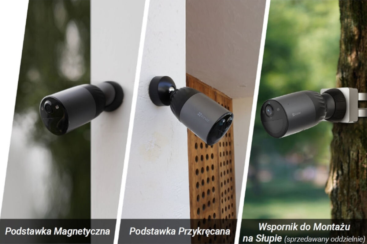 Kamera EZVIZ BC1C 4K Zewnętrzna, Wi-Fi, przymocować, łatwo, prosto, ściana, Przykłady różnych sposobów montażu kamery EZVIZ BC1C 4K: magnetyczny, ścienny, na słupie