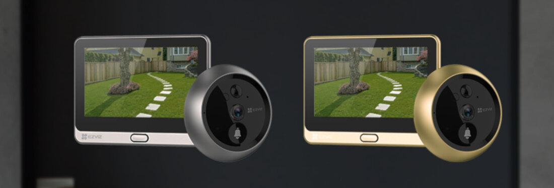 Wideo-wizjer EZVIZ CS-HP2-R100-6E2WB-GD, ekran, rozdzielczość, bateria, soczewka, na drzwiach zamontowany wyświetlacz full HD z podaniem wymiarów w calach