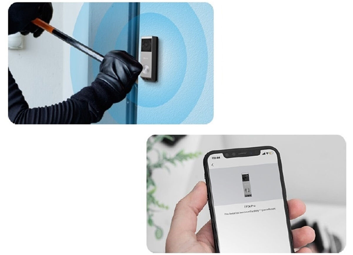 Wideodomofon EZVIZE P3X Bezprzewodowy Wi-Fi, powiadomienie, ochrona konta, bezpieczeństwo, autoryzacja, Próba sabotażu dzwonka oraz powiadomienie na smartfonie o zdarzeniu