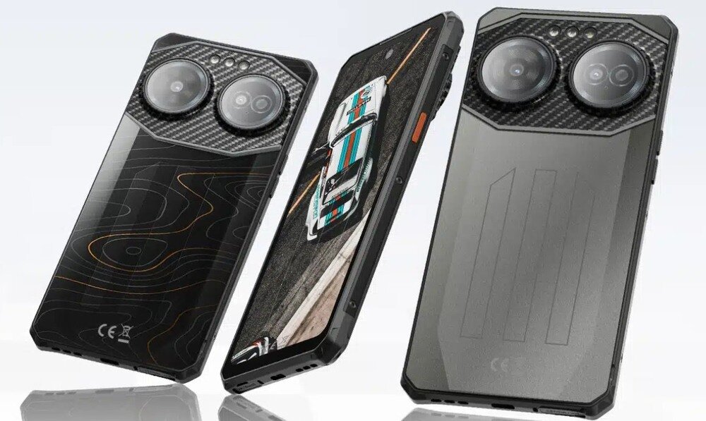 Trzy smartfony z dużymi, podwójnymi aparatami na tylnej obudowie, z różnymi wzorami i kolorami. Jeden z ekranem wyświetlającym samochód na torze wyścigowym.