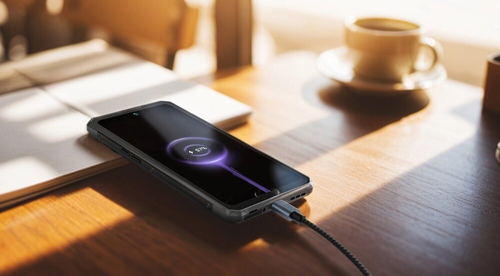 Na drewnianym stole leży szary smartfon podłączony do ładowarki, z wyświetlaczem pokazującym ikonę ładowania i napis \'57%\'. W tle znajduje się filiżanka kawy i otwarty notes.