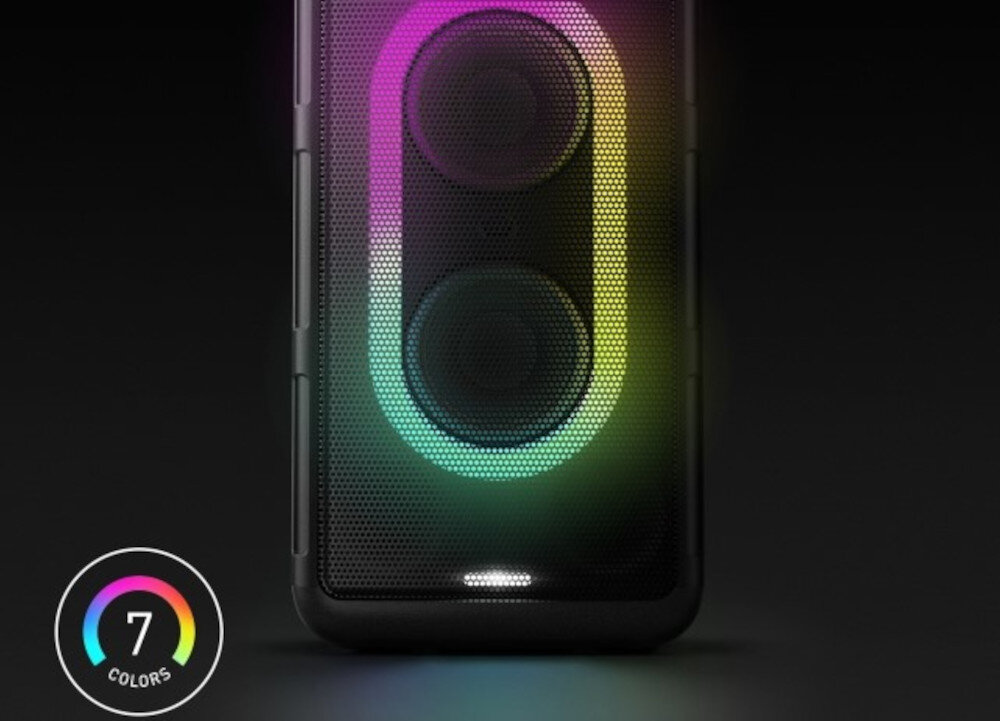 Power Audio PANASONIC SC-BMAX10E-K efekty świetlne 12 wzorów 7 kolorów stroboskopy, głośnik od frontu na czarnym tle