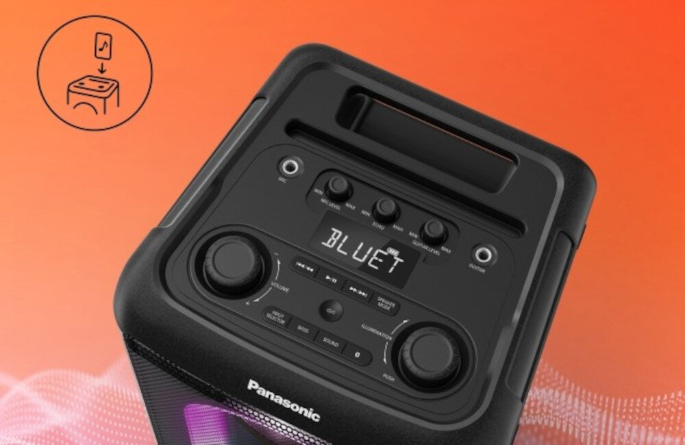 Power Audio PANASONIC SC-BMAX10E-K przyciski pokrętła ekran LED intuicyjna obsługa, głośnik od góry, panel sterowania z ekranem LED