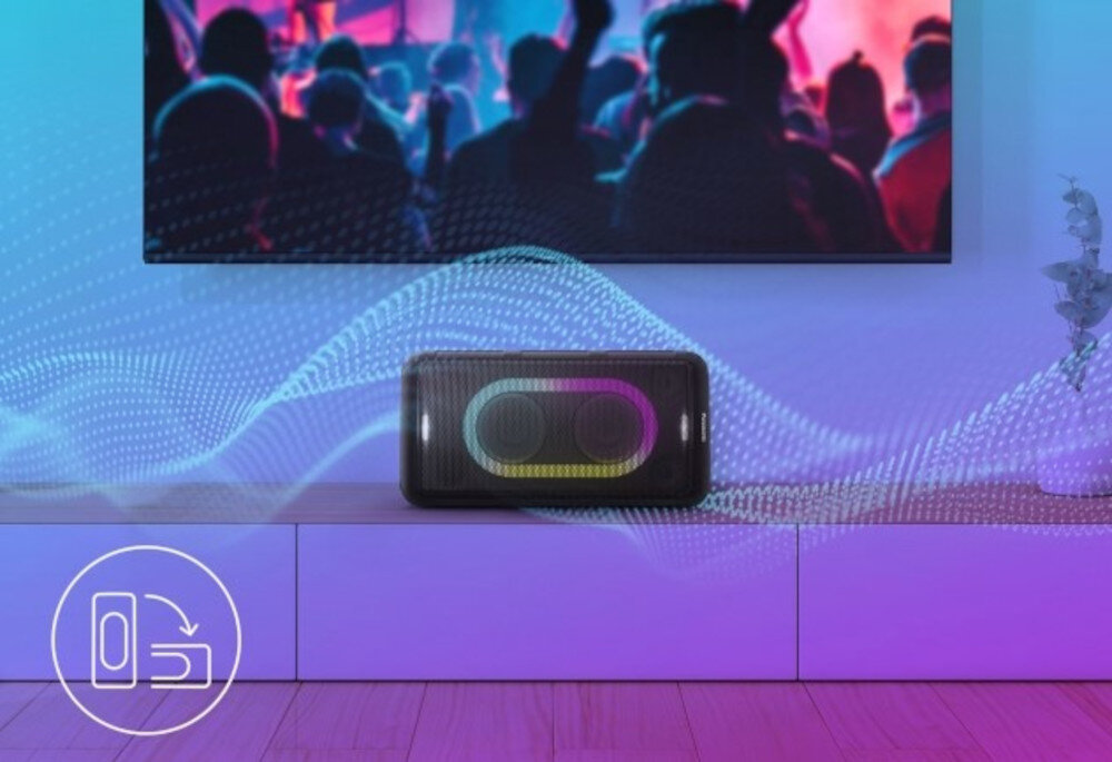 Power Audio PANASONIC SC-BMAX10E-K kabel optyczny telewizor karaoke synchronizacja dźwięku, głośnik leżący na szafce pod zawieszonym telewizorem