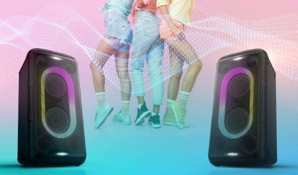 Power Audio PANASONIC SC-BMAX10E-K połączenie stereo łańcuchowe dynamiczny dźwięk, dwa głośniki skierowane ku sobie