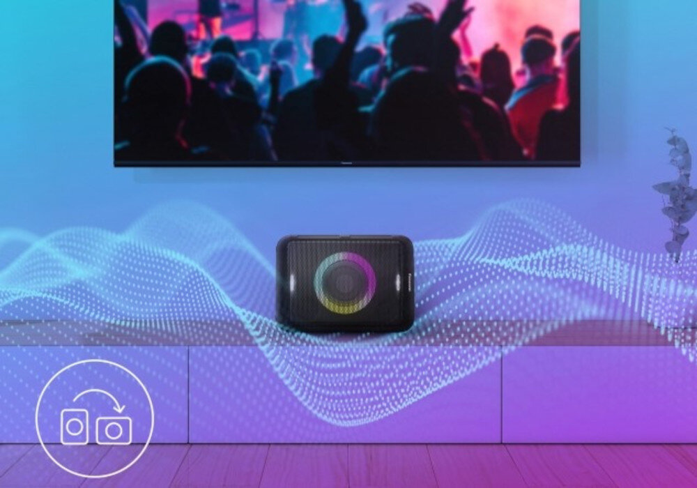 Power Audio PANASONIC SC-BMAX5EE-K współpraca z telewizorem kabel optyczny karaoke koncerty, głośnik leżący na szafce pod wiszącym telewizorem