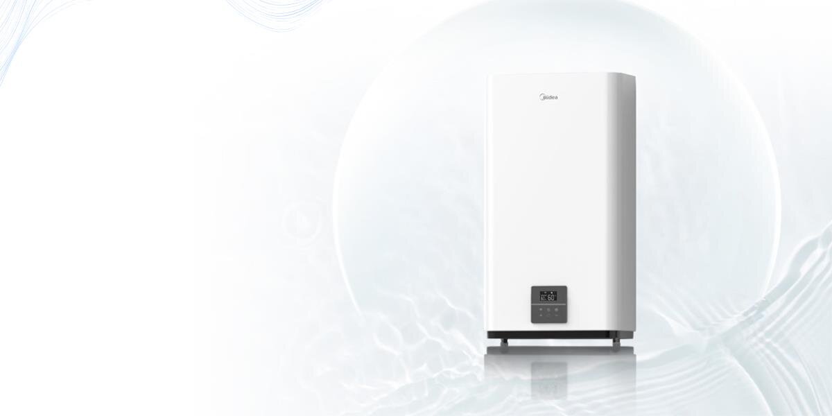 BOJLER ELEKTRYCZNY MIDEA D50-15ED6 47L liifestyle wizualizacja front przód stojący białe tło trzy warstwy powłoki
