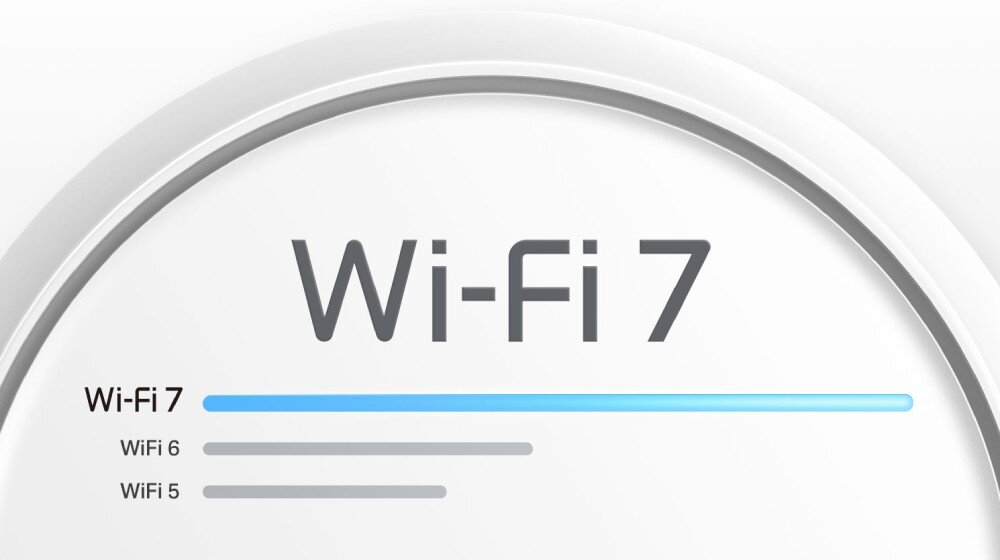 Router TP-LINK Deco BE25 Grafika przedstawiająca porównanie prędkości Wi-Fi 7, Wi-Fi 6 oraz Wi-Fi 5. Niebieski pasek Wi-Fi 7 wskazuje najwyższą prędkość w zestawieniu, pasma, standard Wi-Fi 7, prędkość