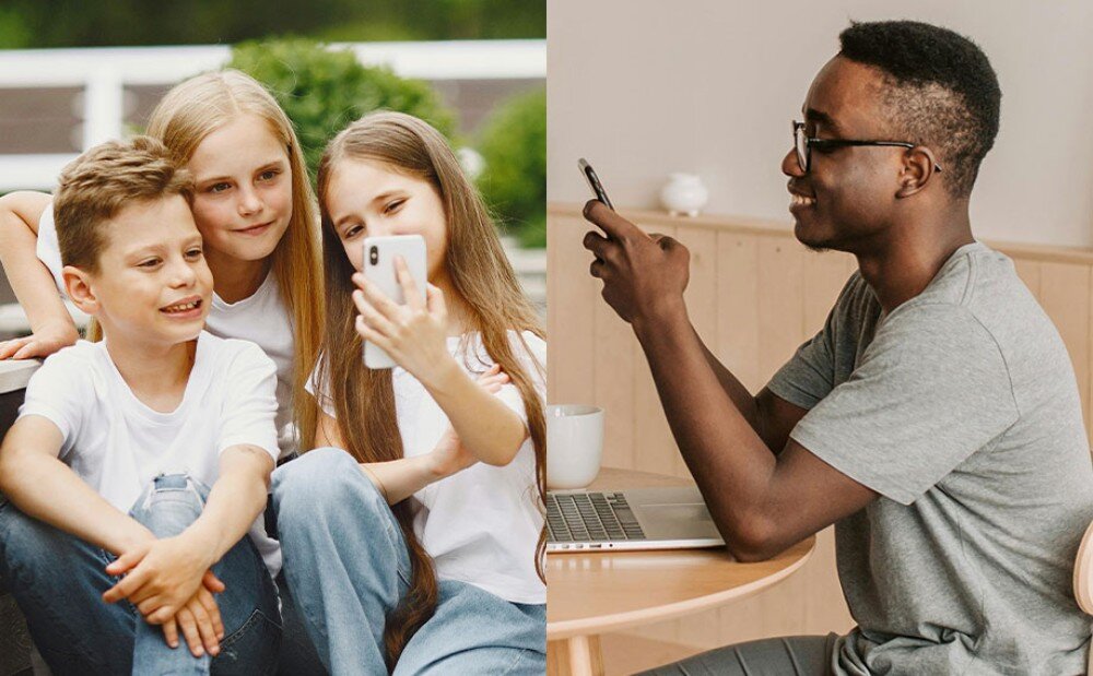 Router TP-LINK Deco BE25 Zdjęcie podzielone na dwie części. Po lewej stronie grupa trójki dzieci ogląda coś na telefonie. Po prawej stronie mężczyzna siedzący przy stole również patrzy na ekran swojego smartfona, aplikacja KidShield, lokalizacja