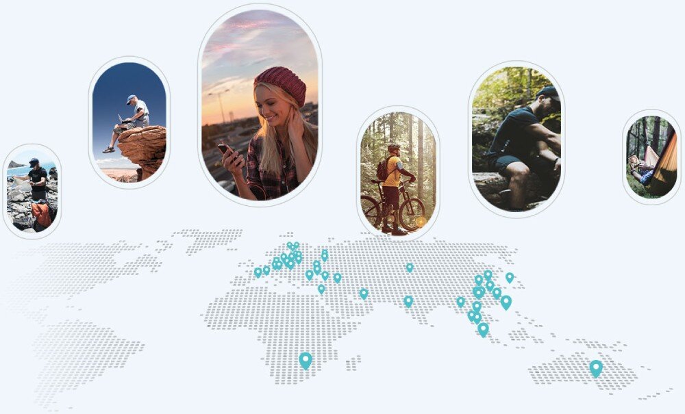 Router TP-LINK Archer MR202 4G LTE Mapa świata w tle oraz owalne zdjęcia przedstawiające ludzi korzystających z internetu w różnych plenerach, łączność LTE, prędkość, pasma Wi-Fi