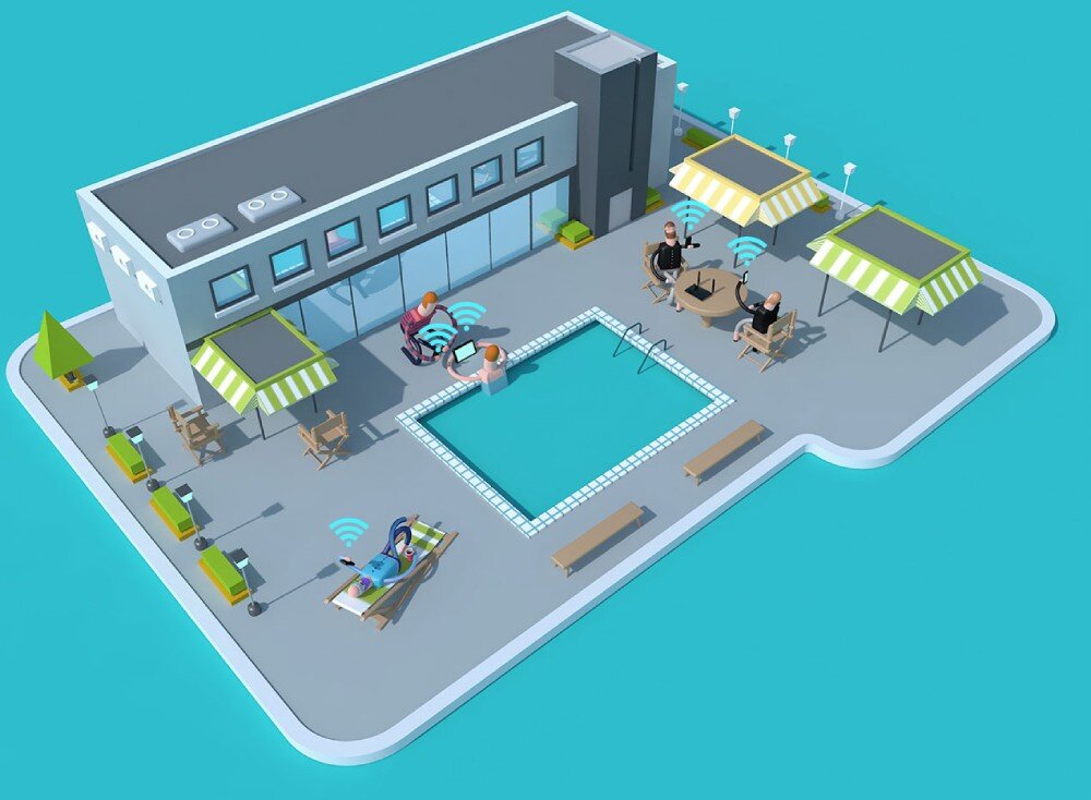 Router TP-LINK Archer MR202 4G LTE Grafika izometryczna przedstawiająca budynek i basen z postaciami korzystającymi z urządzeń podłączonych do sieci bezprzewodowej, obsługa urządzeń, porty RJ-45