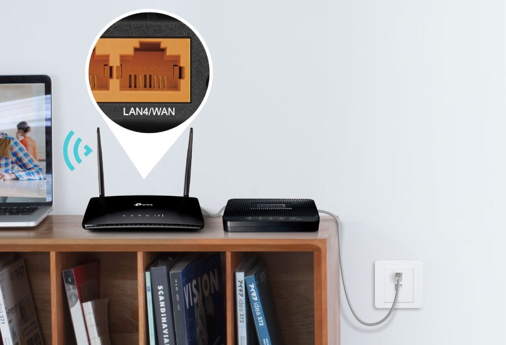 Router TP-LINK Archer MR202 4G LTE Router stojący na szafce obok modemu i laptopa z wyróżnionym w przybliżeniu portem LAN/WAN, łącze zapasowe, zastosowanie