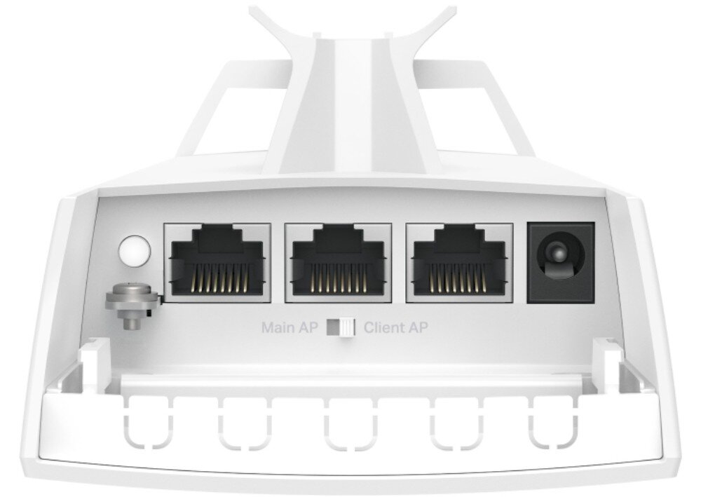 Obraz przedstawia tylną część urządzenia sieciowego z trzema portami Ethernet, przyciskiem i gniazdem zasilania. Widoczny jest przełącznik z oznaczeniami \'Main AP\' i \'Client AP\'.
