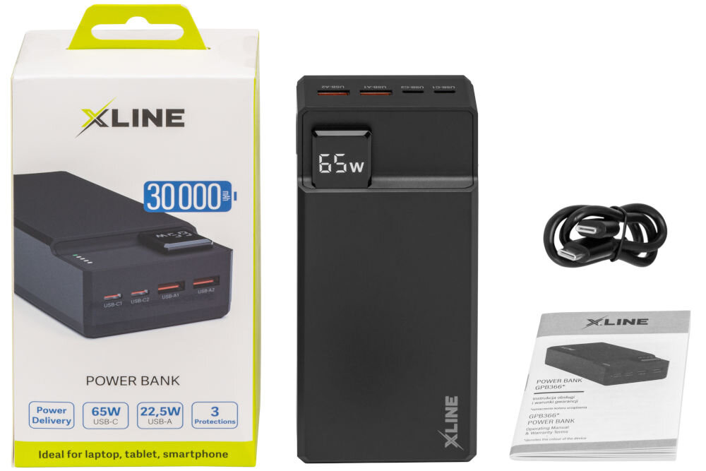 Powerbank XLINE GPB366K 30000 mAh czarny elementy zestawu powerbank kabel instrukcja opakowanie