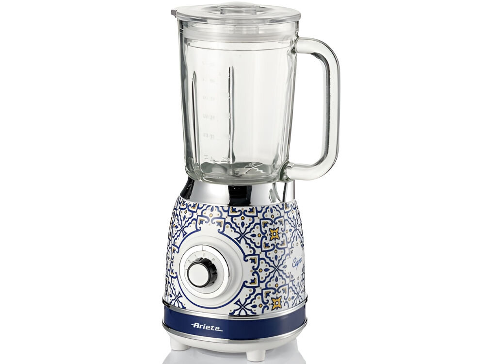 Blender kielichowy ARIETE 583 Capri białe tło przeźroczysty kielich uchwyt pokrętło wzorzysta obudowa biało niebieska elementy żółtego włoski styl funkcjonalność estetyka praktyczne rozwiązania antypoślizgowe nóżki stabilność łatwy montaż i demontaż kielicha eleganckie detale z chromu stylowe wzory na obudowie wytrzymała konstrukcja przemyślane funkcje praktyczne pomocnik