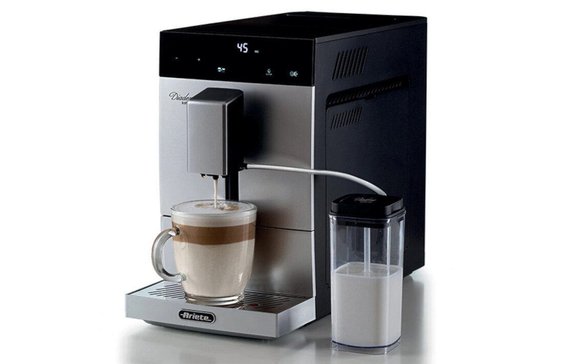 Ekspres ARIETE Diadema Cappuccino 1453/01 Srebrny Parowy spieniacz Automatyczny spieniacz do mleka  cappuccino latte macchiato jedno naciśnięcie przycisku smak kawa