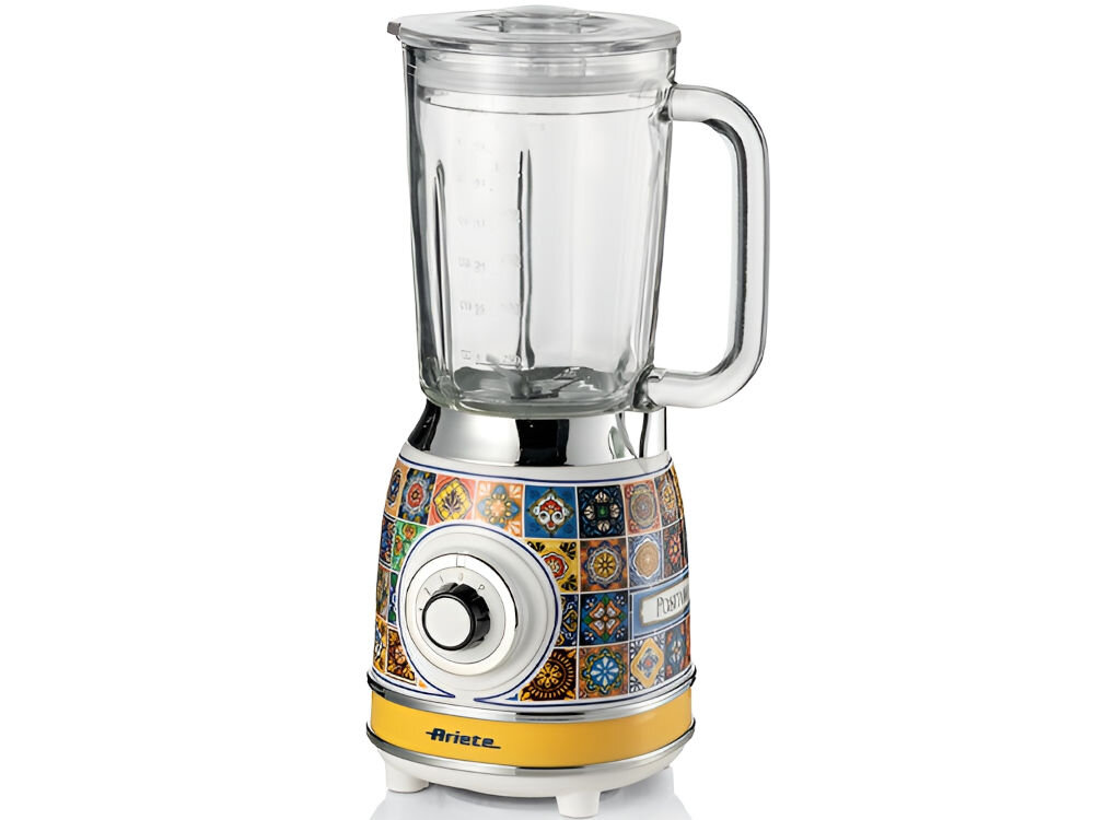 Blender kielichowy ARIETE 583 Positano białe tło przeźroczysty kielich uchwyt pokrętło wzorzysta obudowa żółto niebieska elementy żółtego włoski styl funkcjonalność estetyka praktyczne rozwiązania antypoślizgowe nóżki stabilność łatwy montaż i demontaż kielicha eleganckie detale z chromu stylowe wzory na obudowie wytrzymała konstrukcja przemyślane funkcje praktyczne pomocnik