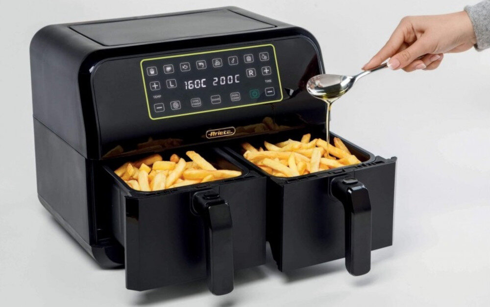 Frytkownica beztłuszczowa ARIETE 4623/00 Air Fryer Technologia smażenia powietrzem równomierne opiekanie potraw jedna łyżka oleju smak tekstura frytki potrawy