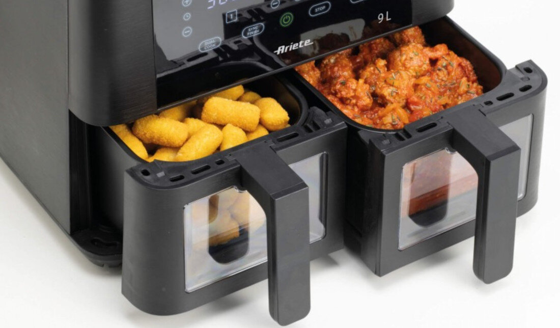 Frytkownica beztłuszczowa ARIETE 4631/00 Air Fryer Dwie niezależne komory POJEMNOŚĆ dwie potrawy dostosowanie parametry Funkcja synchronizacji gotowania