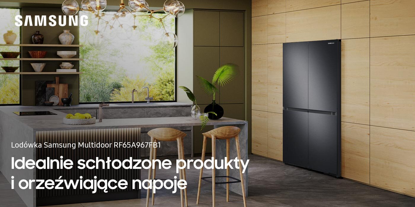 Lodówka Samsung Multidoor RF65A967FB1 prezentowana w nowoczesnej kuchni jest dostępna w ofercie sklepów Media Expert Lodówka Samsung Multidoor RF65A967FB1 prezentowana w nowoczesnej kuchni jest dostępna w ofercie sklepów Media Expert
