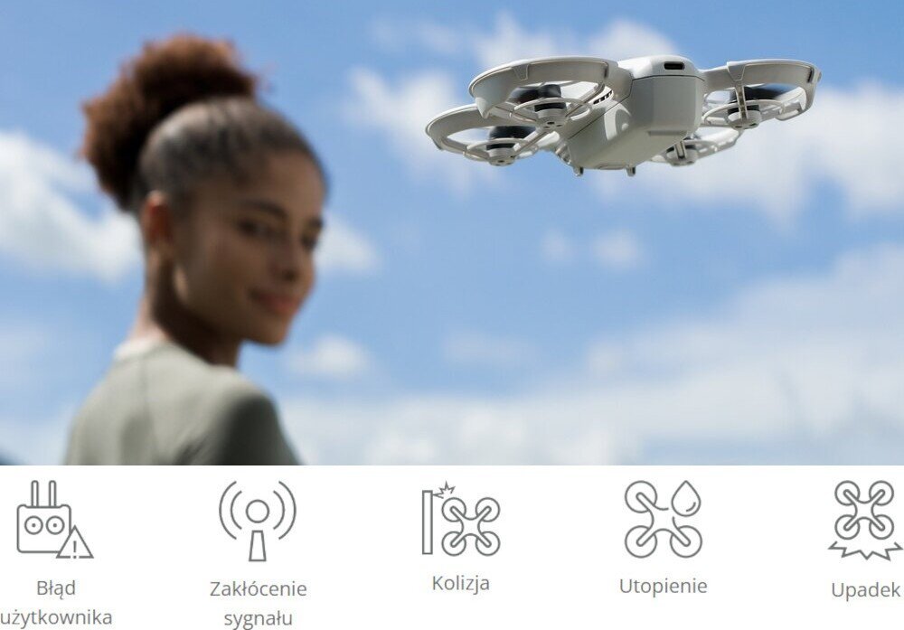 Ochrona DJI Care Refresh do Neo (24 miesiące) dron wiszący w powierzu, odwrócony tyłem, w tle kobieta wypadki bezpieczeństwo przypadki
