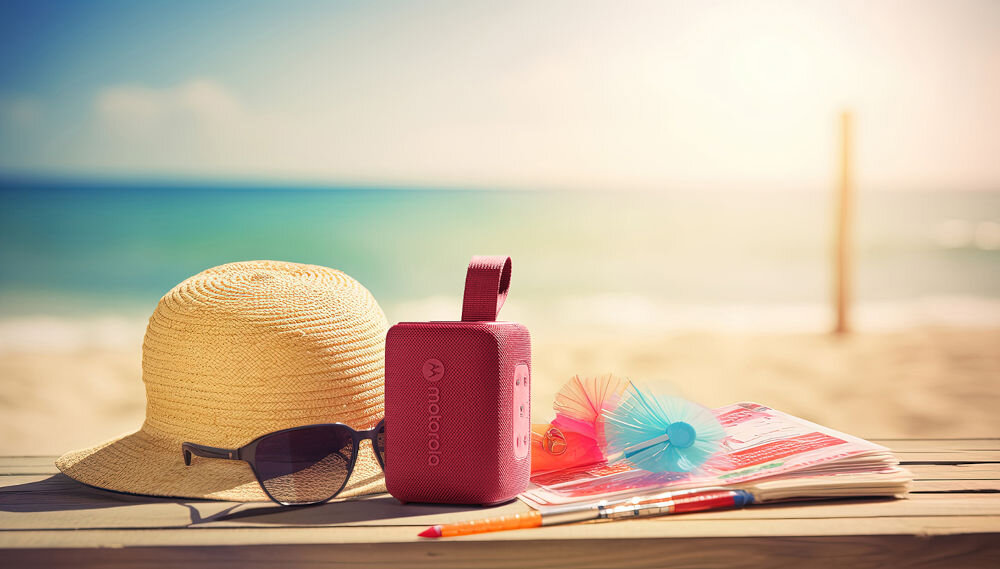 Głośnik mobilny MOTOROLA ROKR 300 - Dobry do podróży, głośnik mobilny na drewnianym stole na plaży obok kapelusza i okularów przeciwsłonecznych