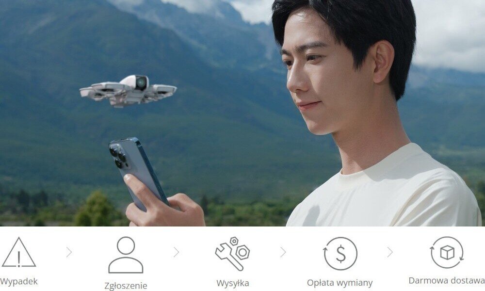 Ochrona DJI Care Refresh do Neo (12 miesięcy) osoba trzymająca smartfon z dronem wiszącym w powietrzu obok zgłaszanie proces serwis