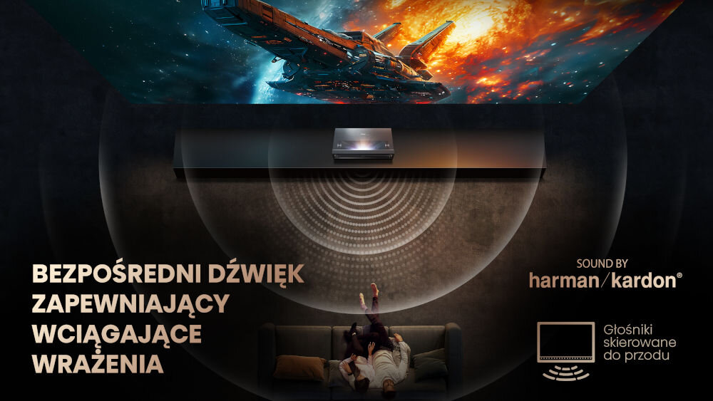 Projektor HISENSE PX3 4K UHD (3840 x 2160), 2800 ANSI lumen, Wi-Fi, Bluetooth głośniki harman kardon 2 x 15 W Subwoofer 20 W dźwięk skierowany w stronę odbiorcy doswiadczenie kina w domowym zaciszu dżwięk przestrzenny sceny pełne detali głębokie basy czyste tony
