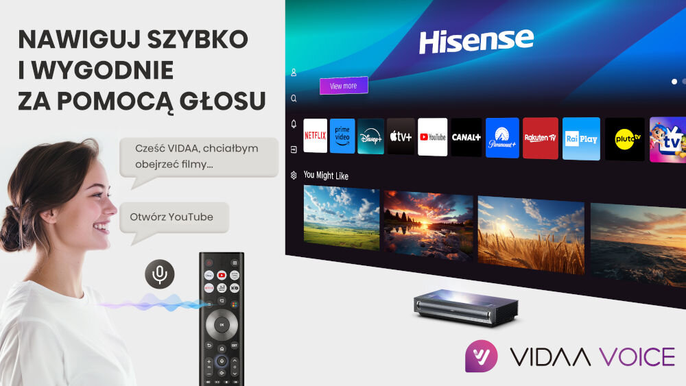 Projektor HISENSE PX3 4K UHD (3840 x 2160), 2800 ANSI lumen, Wi-Fi, Bluetooth szybki wygodny dostęp do rozrywki telewizyjnej ochrona prywatności przegladanie szerokiej oferty programów i filmów łatwe nawigowanie wyszukiwanie ulubionych treści opcja sterowania głosowego wygodne poruszanie się po systemie udogodnienia codzienne korzystanie z telewizji