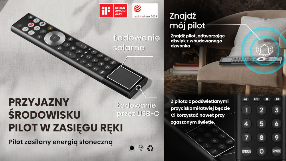 Projektor HISENSE PX3 4K UHD (3840 x 2160), 2800 ANSI lumen, Wi-Fi, Bluetooth moc światła pilot ładowany energią słoneczną energia ze swiatła otoczenia dbałość o środowisko redukcja odpadów elektronicznych korzyści finansowe efektywność energetyczna oszczędność energii ekologiczny wybór podniesiona jakość rozrywki dbanie o planete