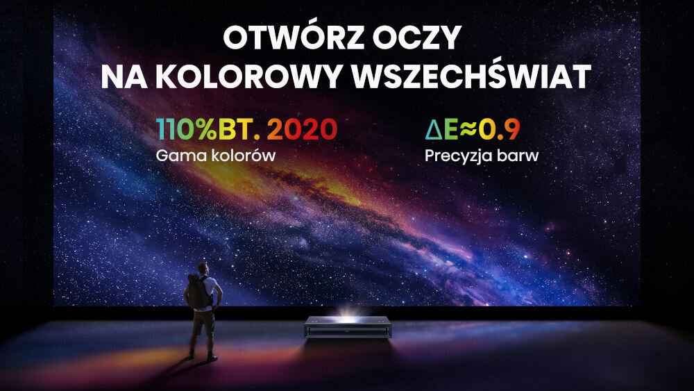 Projektor HISENSE PX3 4K UHD (3840 x 2160), 2800 ANSI lumen, Wi-Fi, Bluetooth bogaty świat kolorów 110% gamy kolorów BT.2020 wyjątkowa dokładność odwzorowania barw subtelne różnice głębokie realistyczne kolory wyjątkowy poziom doznań wizualnych oglądanie filmów zdjęć