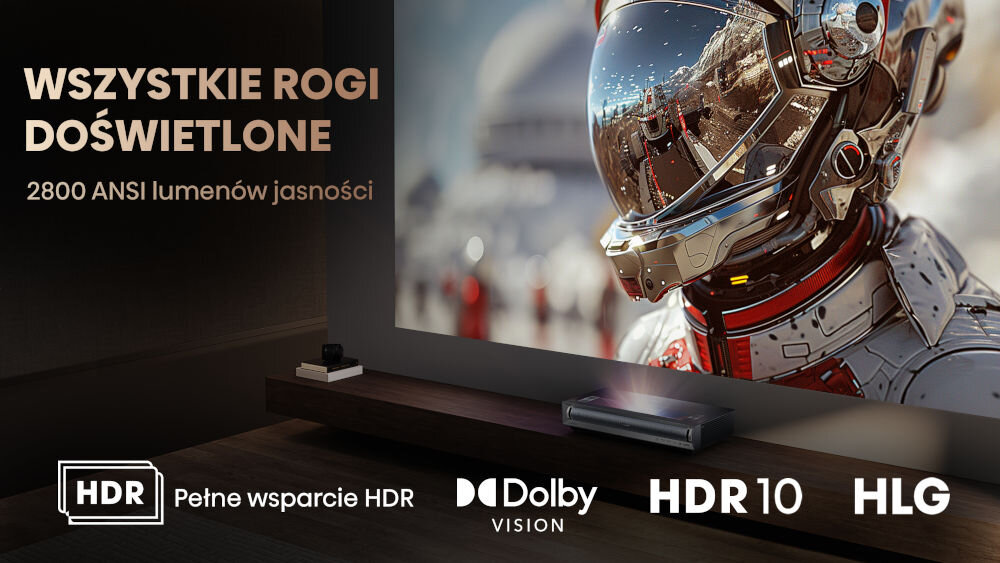 Projektor HISENSE PX3 4K UHD (3840 x 2160), 2800 ANSI lumen, Wi-Fi, Bluetooth światła błyszczą cienie zachwycają głębią standardy HDR wyraźny detal w zaciemnionych miejscach jasność 2800 ANSI lumenów technologia Dolby Vision głębia obrazu bogactwo szczegółów widoczność w pełnej krasie realistyczne efekty wizualne