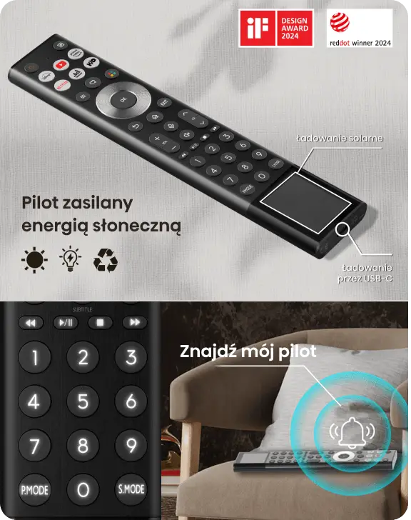 Pilot Hisense z panelem solarnym i portem USB-C (Universal Serial Bus Type-C). Obok pilot na fotelu z ikoną dzwonka.