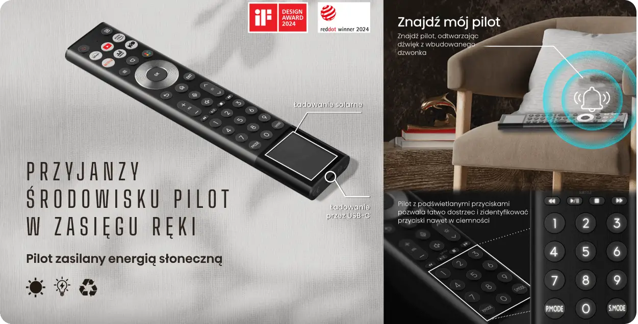 Pilot Hisense z panelem solarnym i portem USB-C (Universal Serial Bus Type-C). Obok pilot na fotelu z ikoną dzwonka.