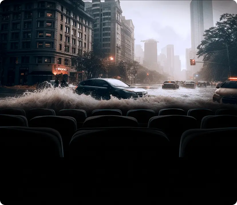 Widok zza foteli kinowych na duży ekran z kadrem z filmu akcji.